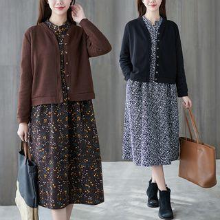 Set: Flower Print Long-sleeve Midi Shift Dress + Plain Cardigan