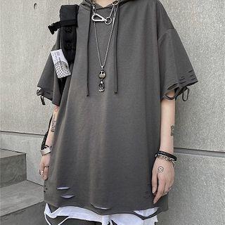 Elbow-sleeve Ripped Hoodie / Shorts