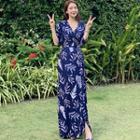3/4-sleeve Leaf Print Wrap Maxi A-line Dress