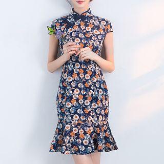 Mandarin Collar Floral Print Dress