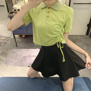 Plain Short-sleeve Drawstring Cropped Polo Shirt