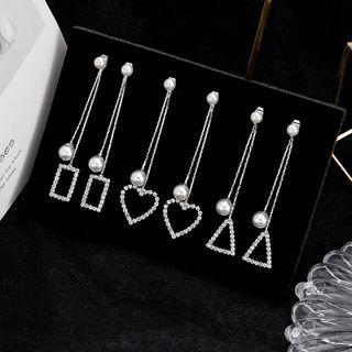 Geometric Rhinestone Faux Pearl Fringed Earring E2691-4 - 1 Pair - Triangle - Silver - One Size