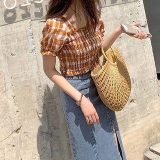 Short-sleeve Plaid Blouse / Midi Fitted Denim Skirt / Set