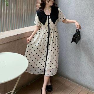 Puff-sleeve Collar Dotted Chiffon Midi A-line Dress