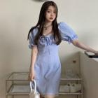 Puff-sleeve Gingham Tie-strap Mini Dress