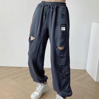 High-waist Distressed Drawstring Sweatpants