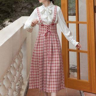 Set: Lace Trim Blouse + Plaid Midi Suspender Skirt