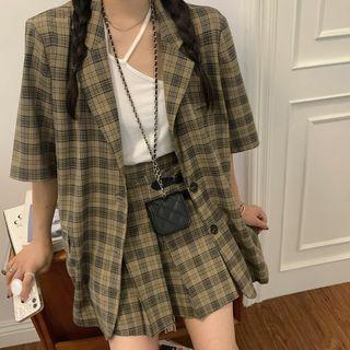 Elbow-sleeve Plaid Blazer / Pleated Skirt