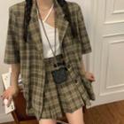 Elbow-sleeve Plaid Blazer / Pleated Skirt