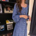 Long-sleeve Buttoned Floral-pattern Midi A-line Dress Blue - One Size