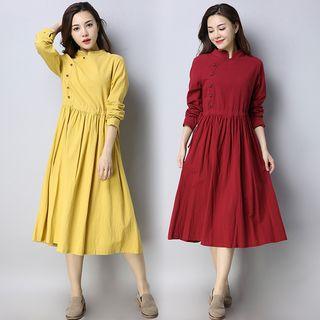 Plain Long Sleeve Mandarin Collar Midi Dress