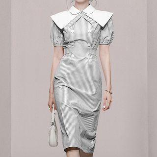 Puff-sleeve Collar Striped Sheath Dress