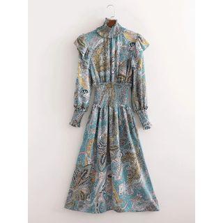 Mock-neck Print Ruffle Trim Midi A-line Dress