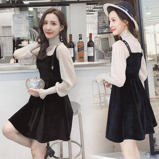 Set: Turtleneck Long-sleeve Top + Velvet Jumper Dress