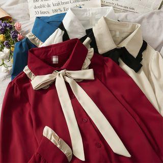 Ribbon-neckline Ruffled Plain Shirt In 5 Colors