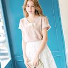 Short-sleeve Tulle-trim Bow-accent Top