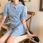 Puff-sleeve Single-breasted Denim Dress