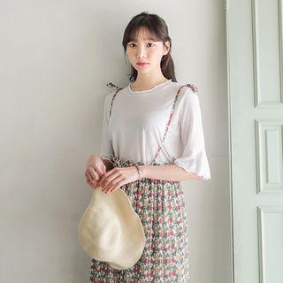 Ruffle-sleeve Ribbed Sheer Top