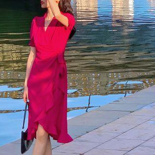 Puff-sleeve Tie-waist Frill Trim Midi Sheath Dress