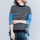 3/4-sleeve Striped Panel Top Blue - One Size