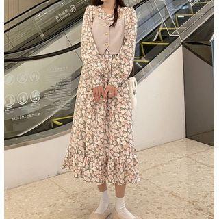 Long-sleeve Collar Floral Midi Dress / Cropped Vest