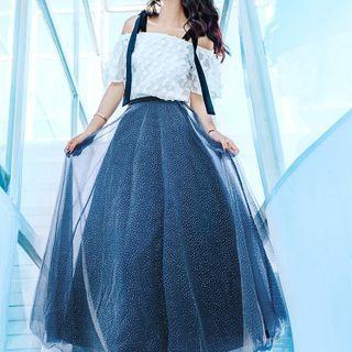 Set: Cold-shoulder Blouse + Dotted Midi A-line Mesh Skirt