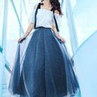 Set: Cold-shoulder Blouse + Dotted Midi A-line Mesh Skirt