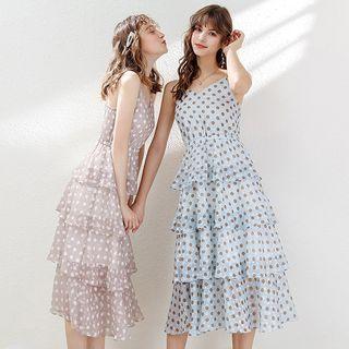 Dotted Spaghetti-strap Layered A-line Midi Dress