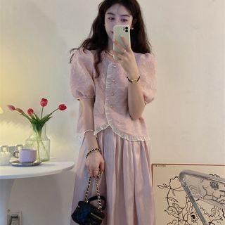 Short-sleeve Frill Trim Blouse / Midi A-line Skirt