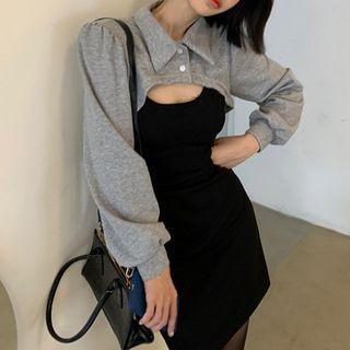 Set: Cropped Polo Sweatshirt + Spaghetti Strap Mini Sheath Dress