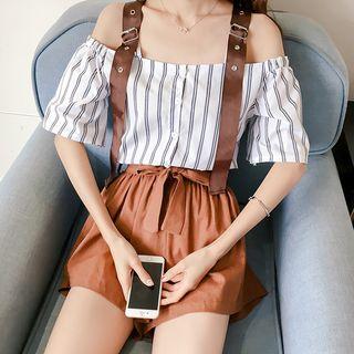 Set: Buckled Open Shoulder Short-sleeve Top + Shorts