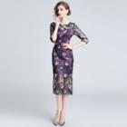 3/4-sleeve Floral Embroidered Midi Sheath Dress