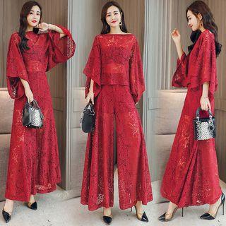 Set: Lace 3/4-sleeve Top + Wide-leg Pants
