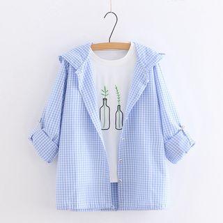 Gingham Hooded Buttoned Jacket Blue - One Size