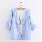Gingham Hooded Buttoned Jacket Blue - One Size