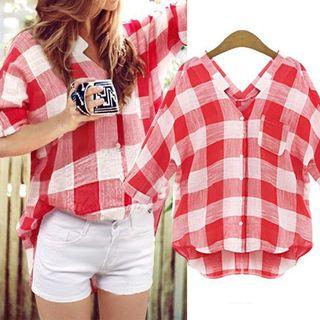 3/4-sleeve V-neck Checker Shirt