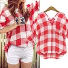 3/4-sleeve V-neck Checker Shirt