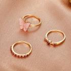 Set Of 3: Butterfly / Rhinestone / Alloy Ring 01 - Set Of 3 - Gold - One Size