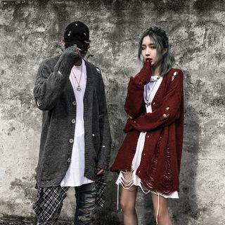 Distressed Plain V-neck Knit Cardigan