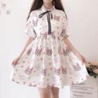 Cat Print Short-sleeve Collared Dress As Shown In Figure - One Size