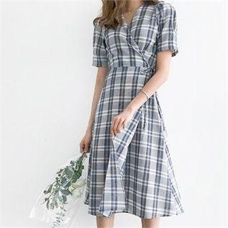Plaid Midi Surplice-wrap Dress