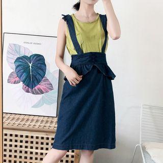 Suspender Denim Skirt Dark Blue - One Size