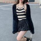 Halter Striped Camisole Top / Puff Mini A-line Skirt / Mohair Cardigan