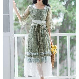 Elbow-sleeve Tie-waist Mesh Midi Dress
