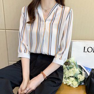 V-neck 3/4-sleeve Striped Chiffon Shirt