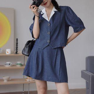 Contrast Collar Denim Cropped Blouse / Mini A-line Skirt