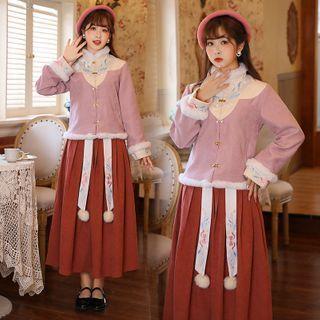 Set: Long-sleeve Fluffy Trim Embroidered Frog-buttoned Hanfu Top + Midi A-line Skirt