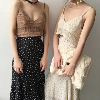 Perforated Spaghetti Strap Knit Top