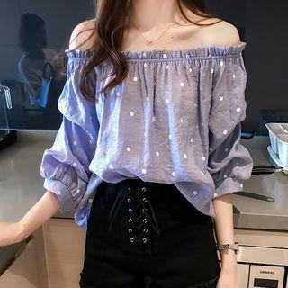 Off-shoulder Dotted 3/4-sleeve T-shirt