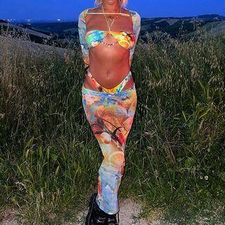 Set: Long-sleeve Printed Crop Top + Cropped Halter Top + Panties + Maxi Pencil Skirt